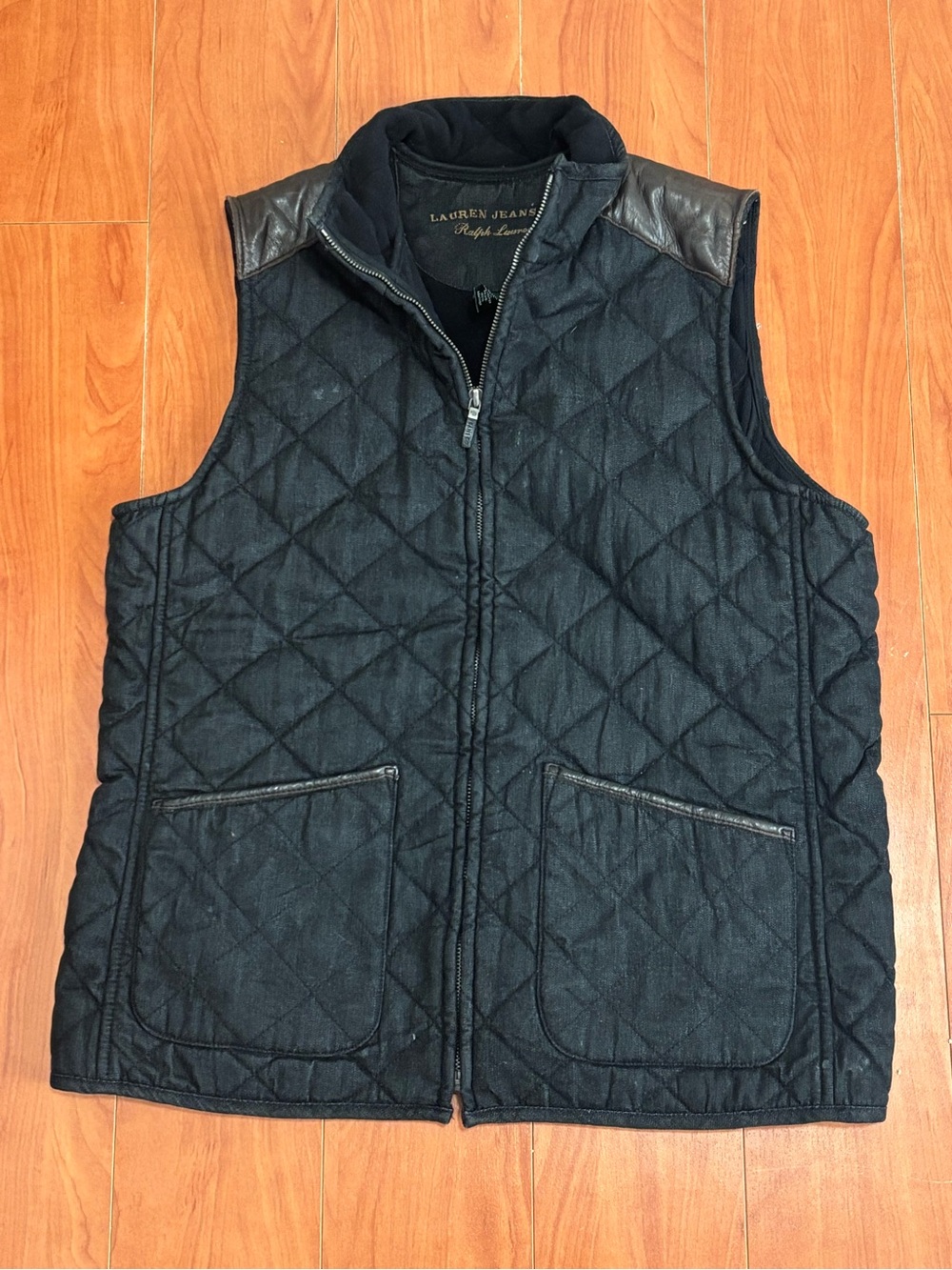 Lauren Jeans Co. Ralph Lauren Quilted Denim Vest With Leather Trim- Size Large